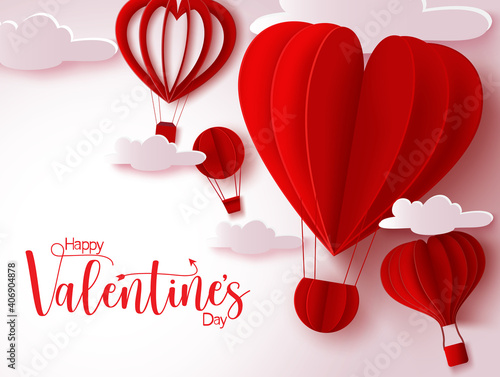 Valentine's vector background design. Happy valentine's day text with red heart shape hot air balloon and clouds paper cut element floating for valentines greeting celebration. Vector illustration 