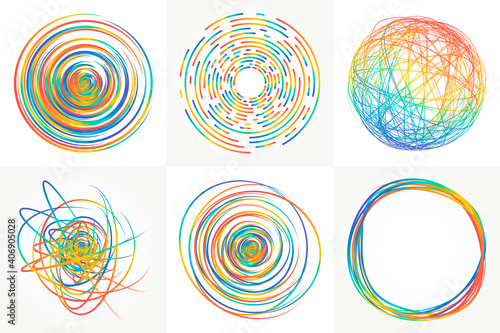Colorful scribles - circles, spheres and doodles. Set of bright backgrounds for abstract design.