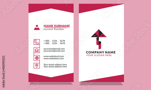 Latest modern corporate white, black and pink colors real estate visiting card template with construction of houses. 