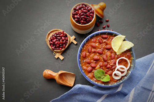 Rajma curry is a popular North Indian Food. Rajma is a socked Red kidney beans cooked with onions, tomatoes and a special blend of spices. Served with Jeera rice or Cumin Rice. With Copy Space. photo