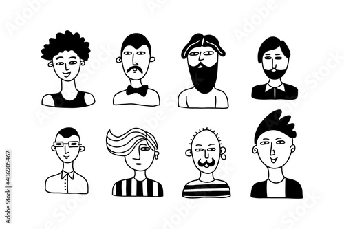 Doodle man. Hand drawn male faces with contemporary haircut and beard, social media user avatars, hipster man portrait, modern fashion icon, line black and white vector isolated cartoon set