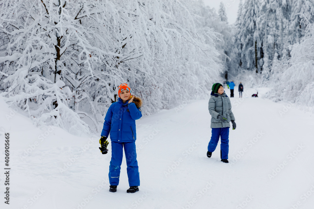 Two school kid boy walking in snowy winter forest. Happy children having fun outdoors in winter. Family, siblings and brothers hiking and walking together, outdoors. Active leisure with kids
