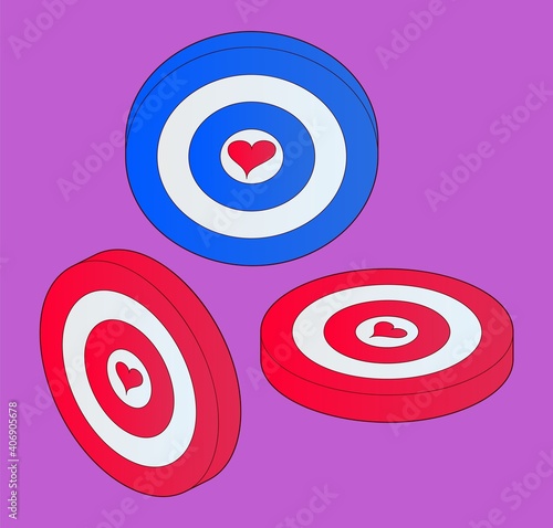 Set of isometric targets with heart. Isolated elements for Valentine`s day design.