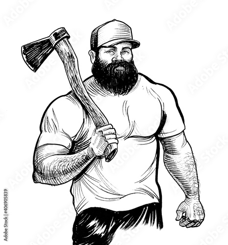 Obraz na plátně Big strong Canadian logger with axe tool