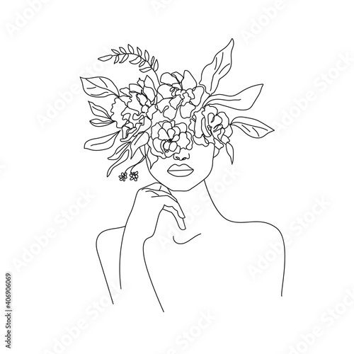 Woman Body with Flowers One Line Drawing. Continuous Line Woman and Flowers. Abstract Contemporary Design Template for Covers, t-Shirt Print, Postcard, Banner etc. Vector EPS 10.