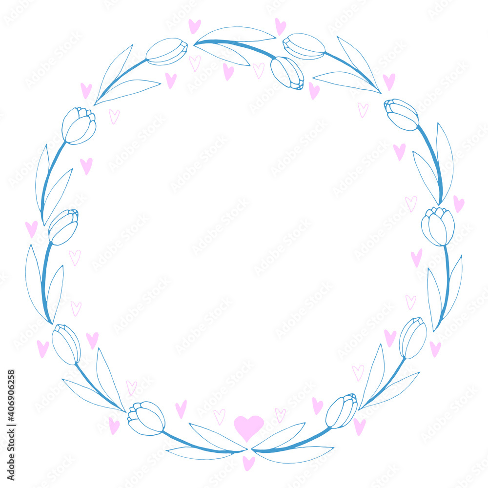 Vector round frame, wreath from outline tulips and hearts. Spring flowers. Hand drawn doodle isolated. Background, border, decoration for greeting card, invitation, Valentine's, Women's or Mother day
