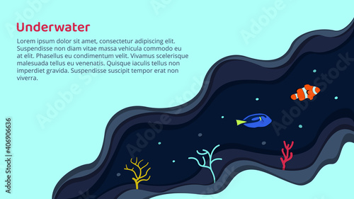 Vector illustration on the theme of the underwater world. On a dark blue background, a clown fish and a blue surgeonfish, dory. Design web banner template in paper art style. Copy space.