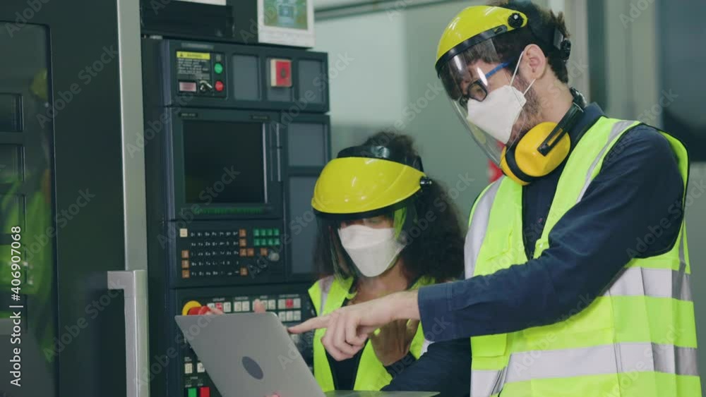 Group Machine engineer wear mask and face shield while working in industrial plant. Safety in work to prevent COVID-19 and Dust PM2.5. Inspection service with modern technology With professional team Group Machine engineer wear mask and face shield while working in industrial plant. Safety in work to prevent COVID-19 and Dust PM2.5. Inspection service with modern technology With professional team