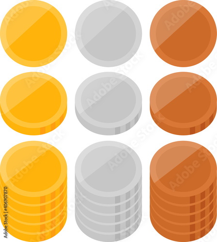 シンプルな金貨、銀貨、銅貨のイラストセット