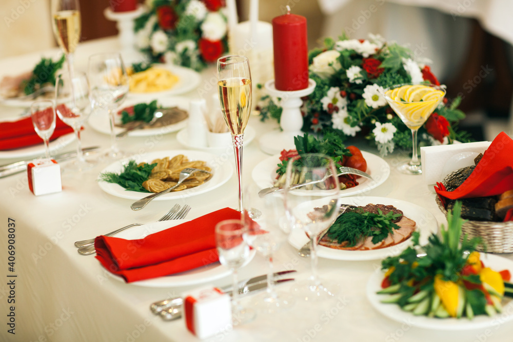 Fototapeta premium Table set for wedding or another catered event dinner.