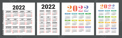 Calendar 2022 year. English colorful vector set. Vertical and square wall or pocket calender template. Design collection. New year. Week starts on Sunday