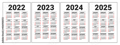 Calendar 2022, 2023, 2024 and 2025. English vector set. Vertical wall or pocket calender template. Design collection. New year. Week starts on Sunday