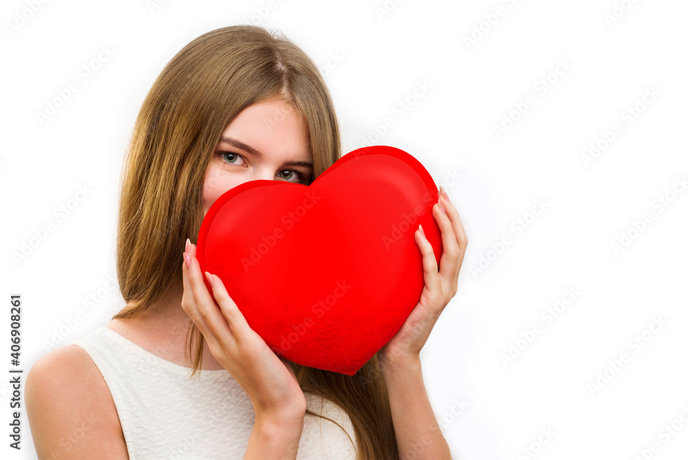 Cute girl holding red heart, close up isolated on white. Valentine love concept Cute girl holding red heart, close up isolated on white. Valentine love concept