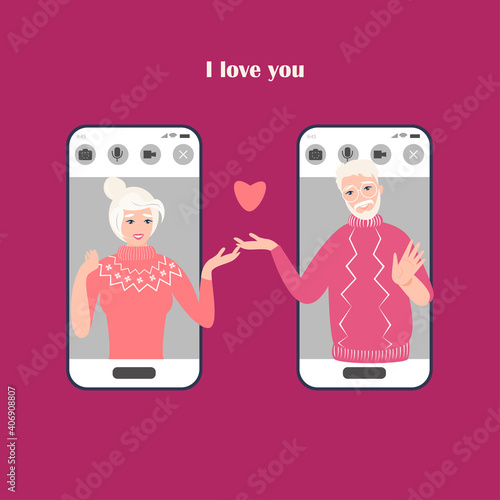 A concept of Valentine's day online date. Vector illustration of elderly couple together via smartphone mobile app. Internet dating application. Long distance lockdown romantic seniors relationship.