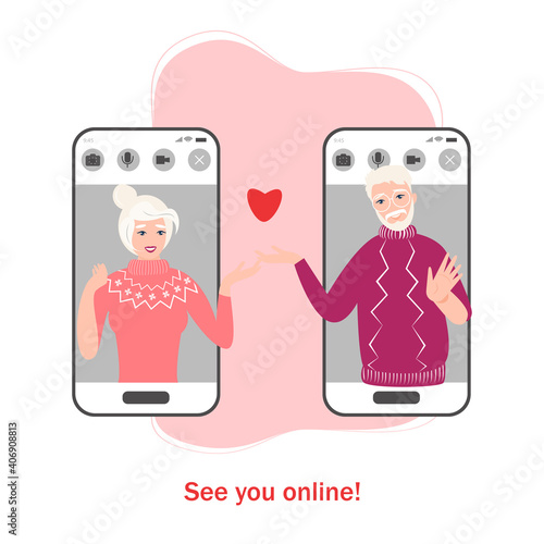 A concept of Valentine's day online date. Vector illustration of elderly couple together via smartphone mobile app. Internet dating application. Long distance lockdown romantic seniors relationship.