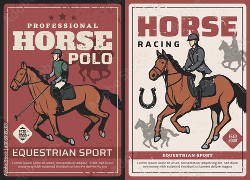 Horse racing and polo sport retro posters. Polo player with mallet, horseman or jockey in racing apparel riding stallions vector. Equestrian sport club, team or sport competition vintage banners