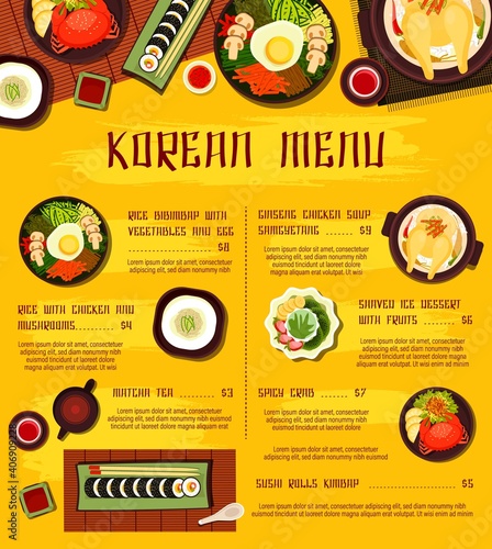Korean cuisine vector shaved ice dessert with fruits, rice bibimbap with vegetables and egg, sushi rolls kimbap. Spicy crab, rice with chicken and mushrooms, ginseng soup samguetang food of Korea