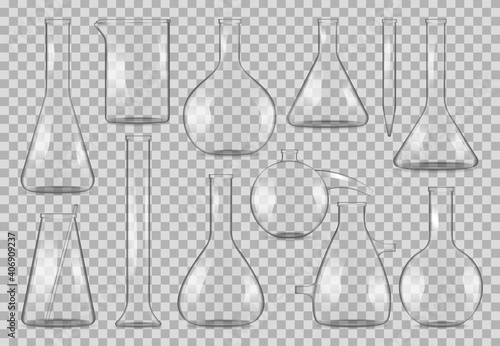 Chemical flask, laboratory glass beakers and lab glassware vector realistic mockups. Chemical laboratory test flasks or bulb vials and bottles or measure jar, isolated on transparent background