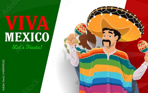 Mexican musician with sombrero and maracas, vector Viva Mexico greeting card. Mexican fiesta party mariachi cartoon character with festive hat, moustache and poncho on background of Mexico flag