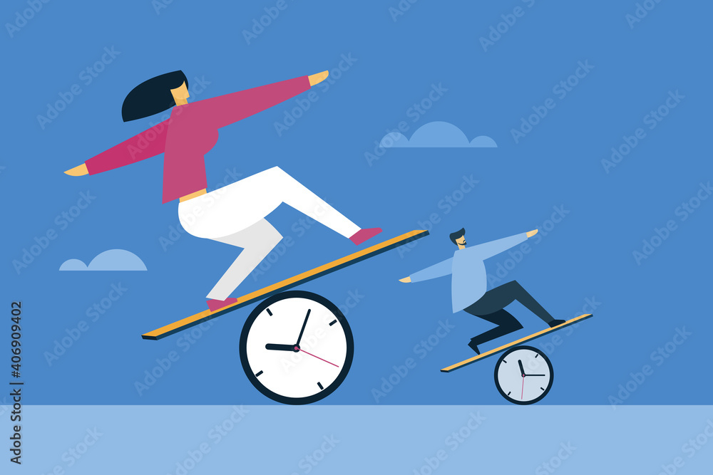 Conceptual illustration of people moving ahead by a balanced walk on a clock Conceptual illustration of people moving ahead by a balanced walk on a clock