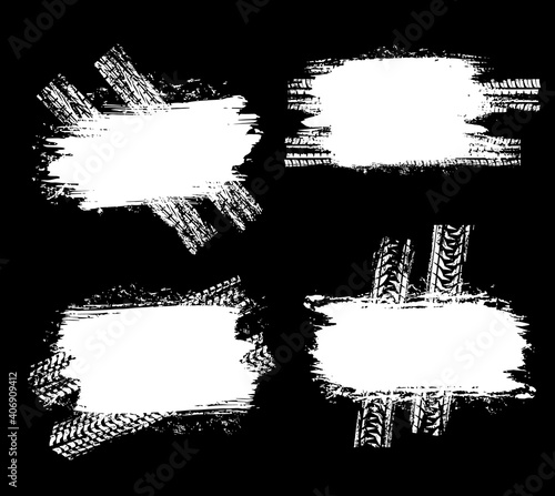 Tire marks of car or truck tyre tracks traces, vector grunge wheel prints white on black. Tire marks frames, bike or truck tyre skidding tracks, dirt scratch on road mud, car races, motocross banners