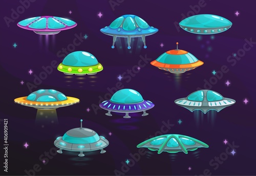 UFO and alien spaceship cartoon set of vector spacecraft. Space ships, rockets, unidentified flying objects and flying saucers in shape of disk with glass domes, light and stars, game animation design