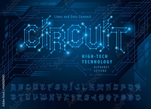 Vector of Circuit Alphabet Letters and numbers, Network Connecting dot polygon