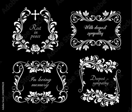 Funeral memorial frames with floral ornaments. Funerary card decoration border with roses and violets flowers, leaves on stem engraved vector. Mourning plaque or plate frame with condolences and cross