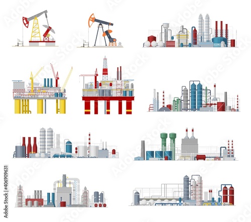 Industrial buildings and factory facilities vector icons. Plants, chemical estate, gas pipelines, oil refinery or mining manufacturing and engineering objects, energy production industry cartoon signs