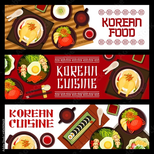 Korean cuisine vector rice bibimbap with vegetables and egg or mushrooms. Ginseng chicken soup samguetang, shaved ice dessert with fruits, matcha tea and sushi rolls kimbap or spicy crab food of Korea