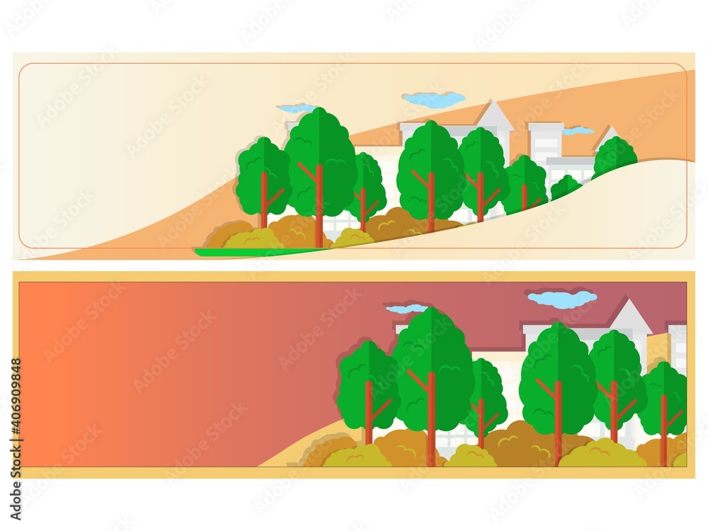 Set of banners with a landscape. A forest or park in a suburban area. Vector illustration in a flat style.