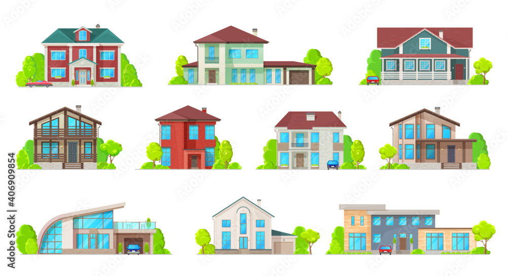 Houses, villas and mansion real estate building icons. Luxury bungalow, modern cottage and contemporary house buildings facade with porch, pitched roof and garage flat vector. Suburban townhouse