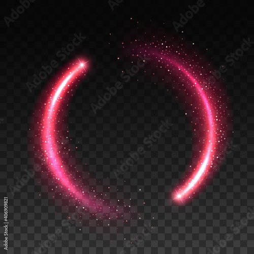 Pink sparkle circle realistic vector of glittering star light effect on transparent background. Magic shining ring of shooting star or comet glowing trails with sparks, flares and bright particles