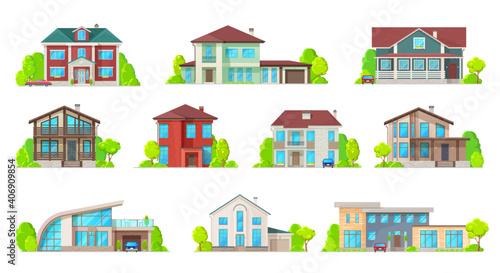 Houses, villas and mansion real estate building icons. Luxury bungalow, modern cottage and contemporary house buildings facade with porch, pitched roof and garage flat vector. Suburban townhouse