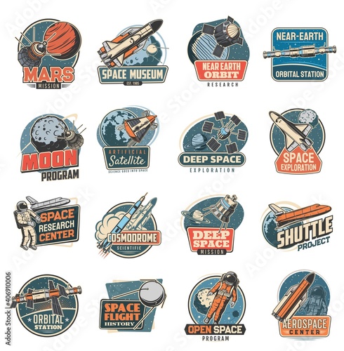 Space vector retro icons mars mission, space museum and near earth orbital station, moon program, artificial satellite and deep space exploration. Research center, cosmodrome and shuttle project set