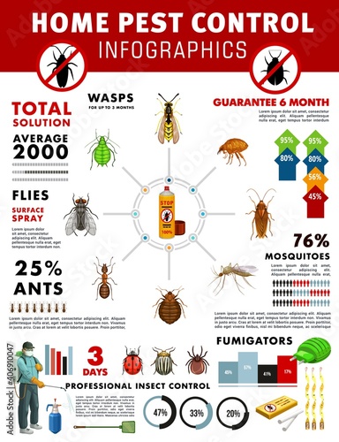 Pest control service vector infographics with graphs and charts of house pest insects. Pie charts, bar graphs and diagram with exterminator, pesticide spray, mosquito and cockroach, fly, ant and flea