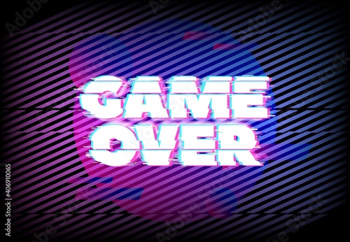 Glitch effect for game over page. Abstract vector background with blue and purple neon glitched diagonal stripes and round colorful shapes. Vintage poster with digital noise distortion lines