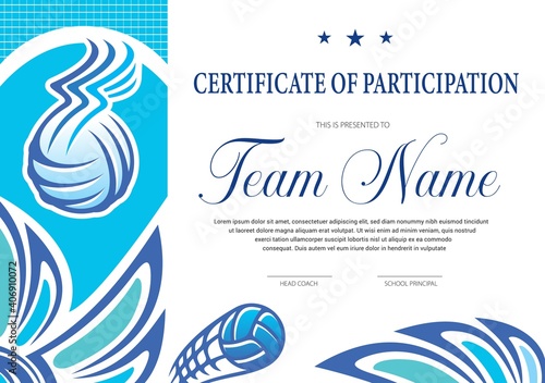 Certificate for volleyball tournament participation. Sports club diploma vector template. Sport award and achievement border design with ball and basket. School league or beach volleyball competition