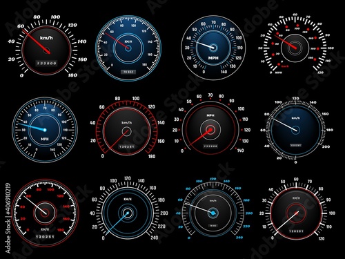 Speedometers, speed indicator vector dashboard dial scales for auto. Vehicle board realistic interface, isolated car speedometers with km digits and arrows, speed accelerate, transportation technology