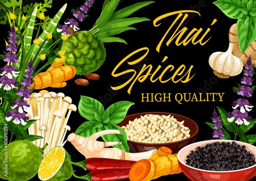 Thai spices and herbs vector design of Asian cuisine food seasonings and condiments. Kaffir lime, ginger, lemongrass and chili, sesame seeds, galangal, basil and mint, bamboo shoots and coriander