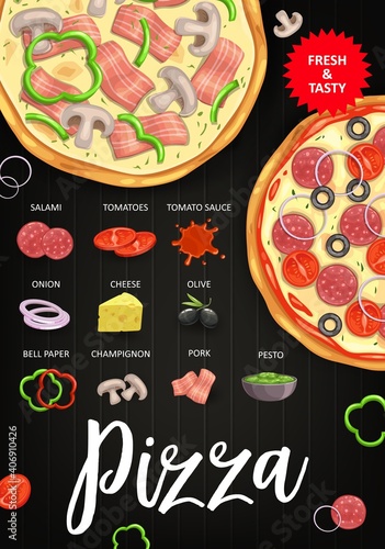 Pizza ingredients vector tomatoes, olive and pork, salami sausage, pesto and tomato sauce. Onion, cheese and champignon with bell pepper. Pizzeria menu, italian fast food pizza recipe, top view meal