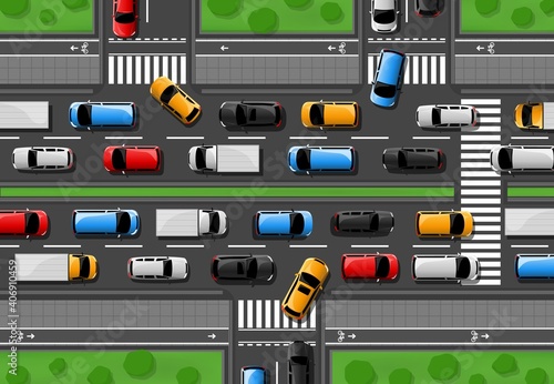 Traffic jam vector city freeway with cars driving on road top view. Rush hour in town, vehicles on two lane highway. Automobiles stand in rows, traffic jam problem of megalopolis, transport congestion
