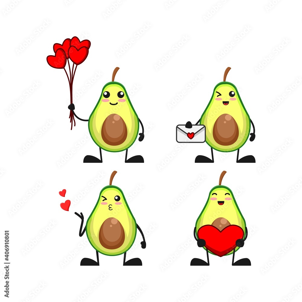 vector illustration of cute avocado fruit valentine love theme bundle set. cute avocado fruit Concept White Isolated. Flat Cartoon Style Suitable for Landing Page, Banner, flyer, Sticker.