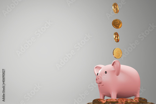 Piggy bank with falling gold coin, saving or save money concept, 3d render.