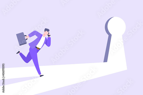 Business key opportunity concept with keyhole and ambitious man running to career potential and work financial success flat style vector illustration. New way business beginnings and unlock future.