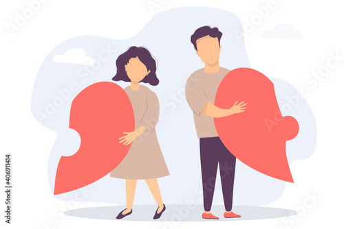 The man and the woman broke up. Each has half a heart in his hands. Disassembled the heart-shaped puzzle. Vecton flat illustration. The concept of breaking up relations and family, crisis and divorce