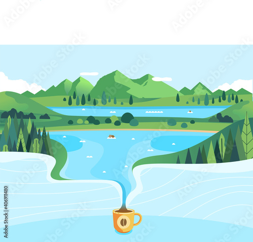 Nature Coffee illustrated with beautiful mountain landscape pouring into cup of coffee flat vector illustration