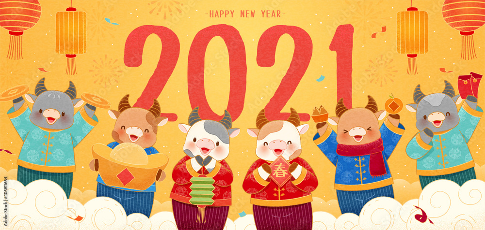 Fototapeta premium 2021 CNY ox greeting banner