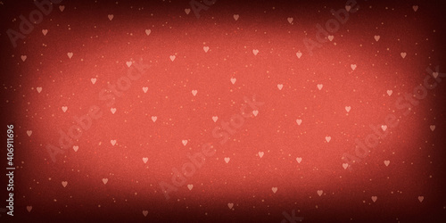 Pink with hearts grunge rough background with backlight. Horizontal banner with a dark vignette around the edges