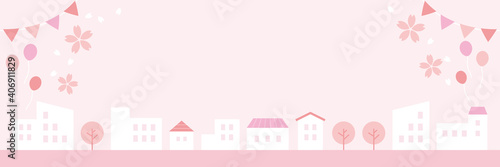 Spring cityscape frame 淡いピンク色の春の街並みのフレーム